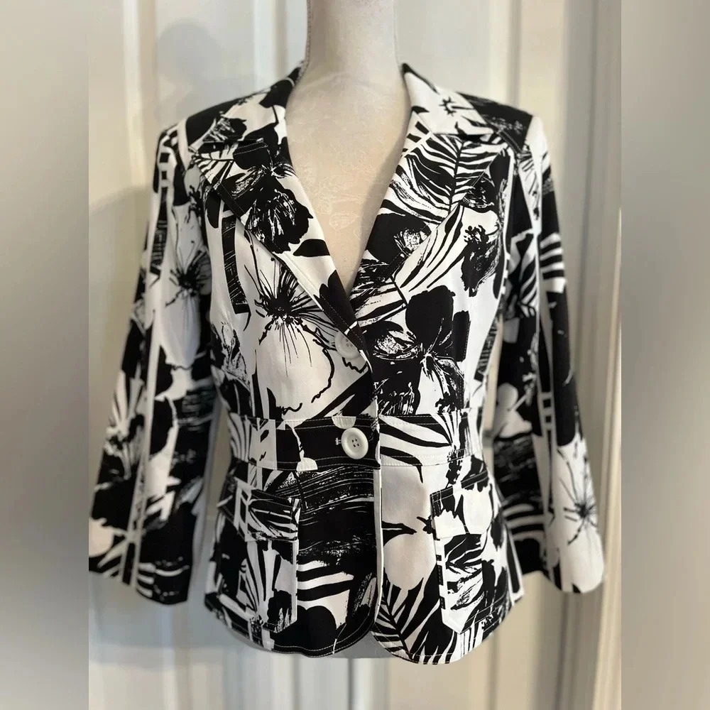 Cache Black & White Abstract Print Blazer Size 10 - image 2